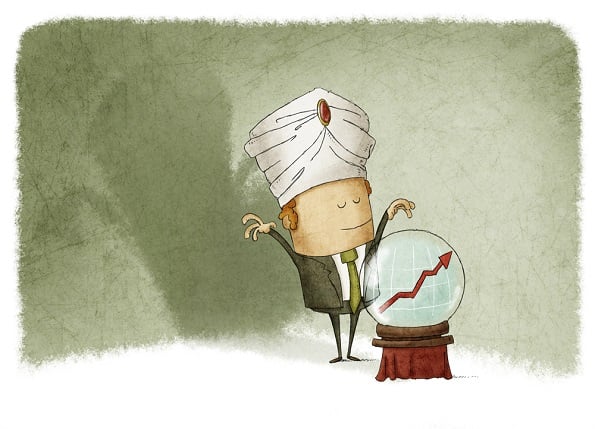 Cartoon of a man standing in front of a crystal ball.