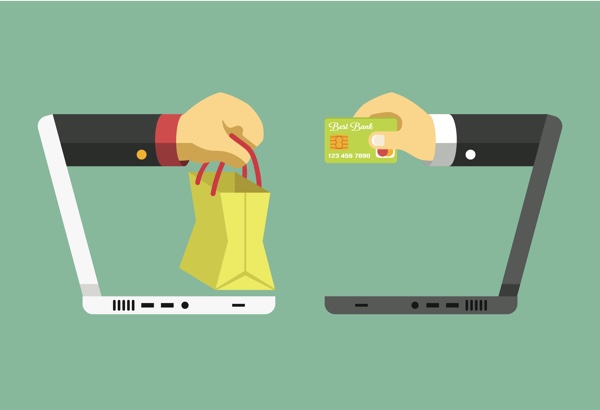 Graphic of two laptops facing each other, with one hand coming out of it with a shopping bag, and one hand coming out of the other with a credit card.